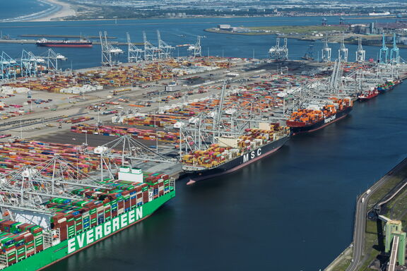 Aerial view of a container terminal in the port of Rotterdam with several large container ships, including ships from Evergreen and MSC. The quays are stacked with colorful containers and large container cranes line the waterfront. The coastline and a vast port area are visible in the background.